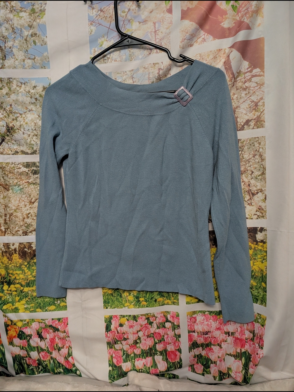 LOFT Sky Blue Long Sleeve Knit Top with Buckle Detail